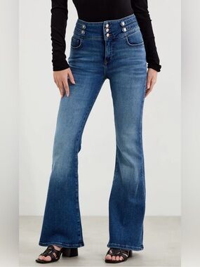 Guess Women’s Dark Blue High-Rise Flare Jeans with Triple-Button Waist